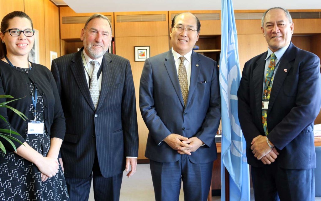 From left: Ms. Paula Manarangi (Maritime Cook Islands Legal Advisor), His Excellency Capt. Ian Finley (Cook Islands Permanent Representative to IMO), His Excellency Mr. Kitack Lim (Secretary-General of IMO) and His Excellency Mr. Ned Howard (Secretary of Ministry of Transport)